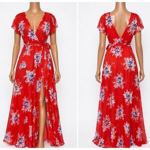 Lulus Red Floral Wrap Maxi Dress Boho Chiffon NWOT Small No Size Tag